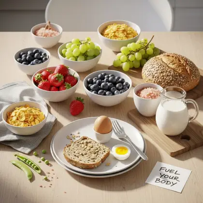 A colorful breakfast of fruit, cereal, egg, and milk sits beside a “Fuel Your Body” note—empowering wellness from within.